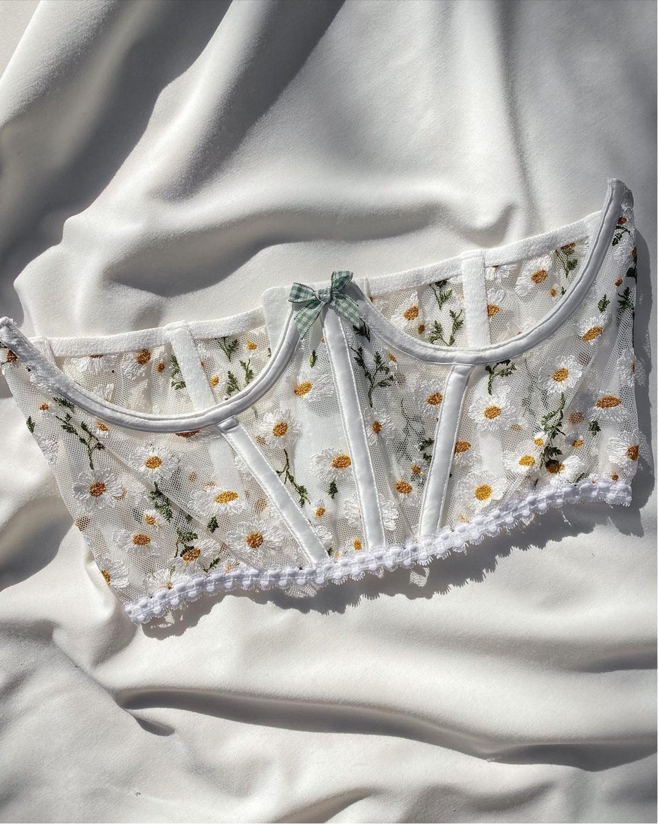 For Love & Lemons Yellow/White Lace Embroidered Corset Bra Size S